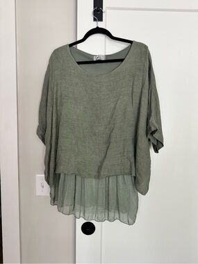 TINA STEPHENS.    Lightweight Sage Green Layered Linen-Blend Women's Top